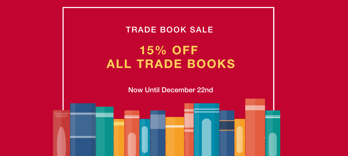 Banner featuring a row of colourful books. Text above saying 15% off trade books until December 22nd.
